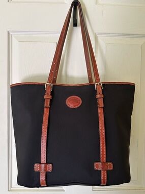 Dooney & Bourke Black Tote with Brown Leather Trim and Straps